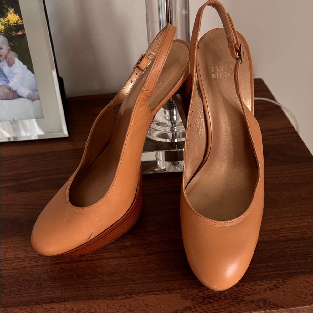 Stuart Wieztmen camel color sling pumps